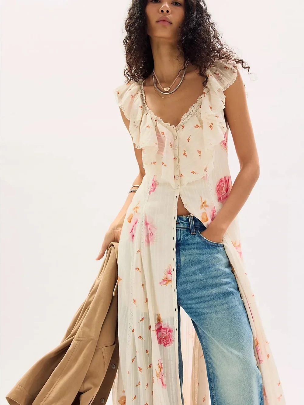 Free People Cream Maxi Dress with Pink Rose Print - Picture 4 of 9